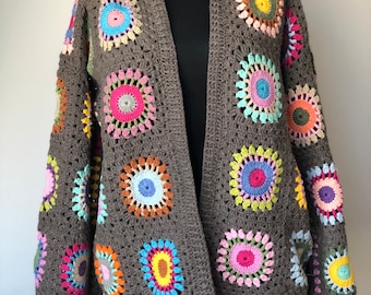 Granny Square Afghan Cardigan, Rainbow Crochet Cardigan, Colorful Granny Square Cardigan, Crochet Festival Jacket, Vintage Crochet Cardigan