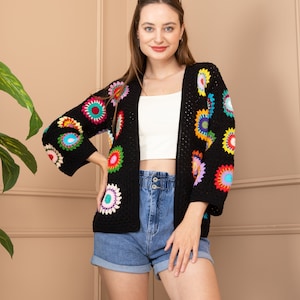 Black Crochet Cardigan, Granny Square Afghan Cardigan, Personalized Crochet Cardigan, Rainbow Crochet Cardigan, Vintage Handmade Cardigan image 4