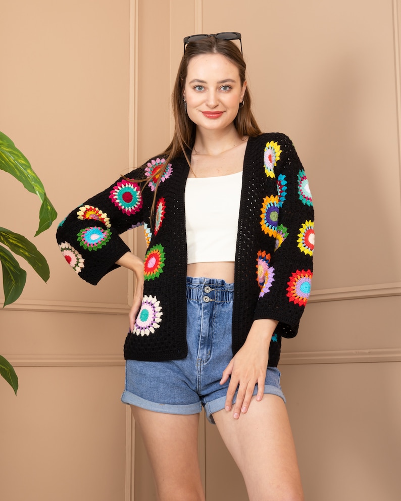 Black Crochet Cardigan, Granny Square Afghan Cardigan, Personalized Crochet Cardigan, Rainbow Crochet Cardigan, Vintage Handmade Cardigan image 4