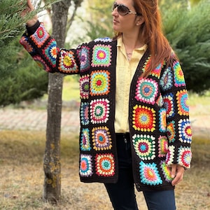 Granny Square Crochet Cardigan, Afghan Crochet Cardigan, Plus Size Knitted Cardigan, Handmade Crochet Cardigan, Vintage Crochet Cardigan Rainbow