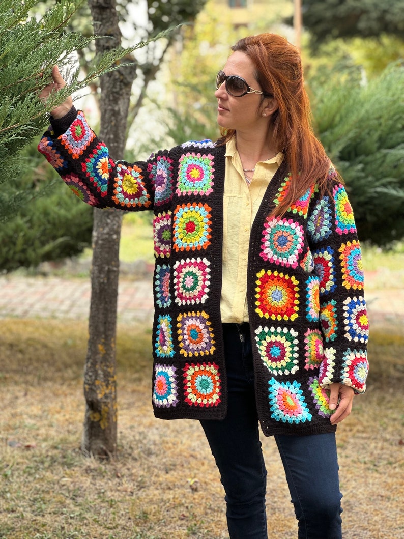 Granny Square Crochet Cardigan, Afghan Crochet Cardigan, Plus Size Knitted Cardigan, Handmade Crochet Cardigan, Vintage Crochet Cardigan Rainbow