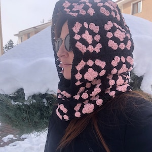 Pink and Black Granny Square Knit Balaclava, Mochi Colorful Balaclava, Handmade Snow Mask, Crochet Ski Face Mask, Rainbow Crochet Balaclava
