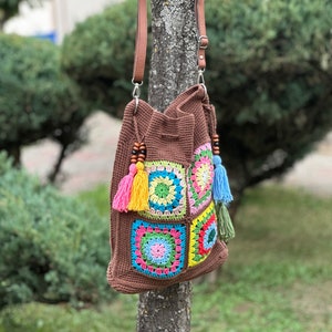 Crochet Crossbody Bag, Crochet Tote Bag, Granny Square Bag, Vintage Knitted Bag