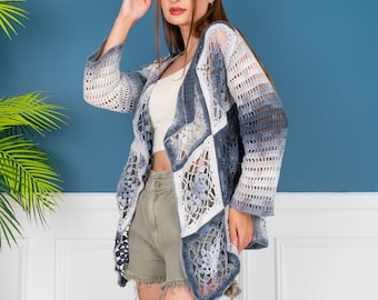 Vintage Crochet Cardigan, Granny Square Afghan Cardigan,  Festival Crochet Cardigan, Handmade Crochet Cardigan, Knitted Cardigan,