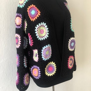 Black Crochet Cardigan, Granny Square Afghan Cardigan, Personalized Crochet Cardigan, Rainbow Crochet Cardigan, Vintage Handmade Cardigan image 3