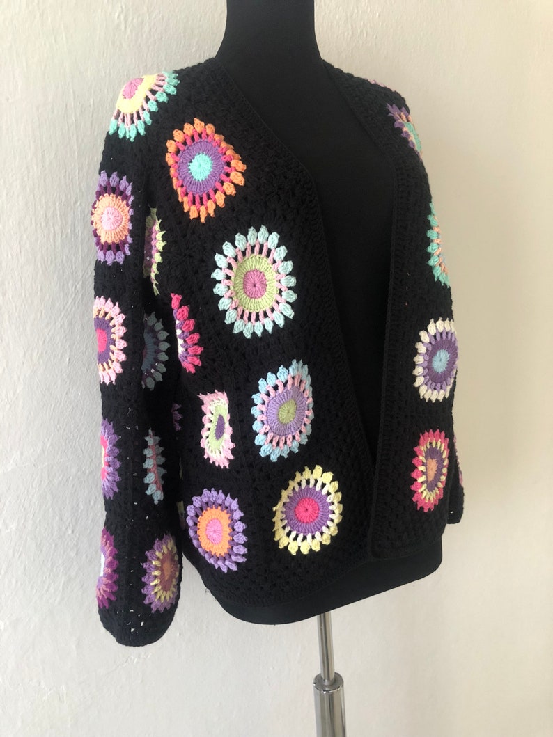 Black Crochet Cardigan, Granny Square Afghan Cardigan, Personalized Crochet Cardigan, Rainbow Crochet Cardigan, Vintage Handmade Cardigan image 3