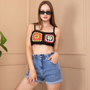 Granny Square Bikini, Granny Square Crop Top, Crochet Handmade Bikini, Crochet Bustier, Knit Crop Top, Vintage Bralette Top, Handmade Top