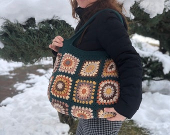 Crochet Afghan Bag, Crochet Tote Bag, Granny Square Bag, Colorful Knittingbag, Crochet Shoulder Bag, Vintage Knitting Bag, Crochet Purse