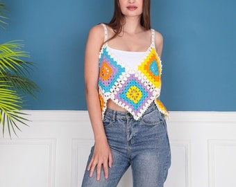 Crochet Crop Top, Granny Square Crop Top, Vintage Crop Top, Knitted Afghan Blouse, Handmade Crop Top, Hippie Crop Top, Festival Crop Top