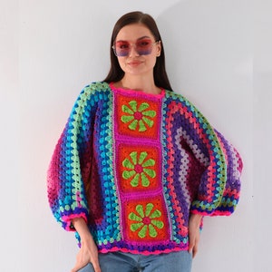 Oversize Crochet Rose Sweater, Granny Square Sweater, Crochet Rose Hexagon Sweater, Handmade Colorful Sweater, Granny Square Pullover image 6