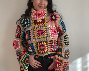 Crochet Turtleneck Sweater, Crochet Sweater Handmade, Granny Square Pullover, Granny Square Sweater, Patchwork Knit Sweater, Handmade Jumper