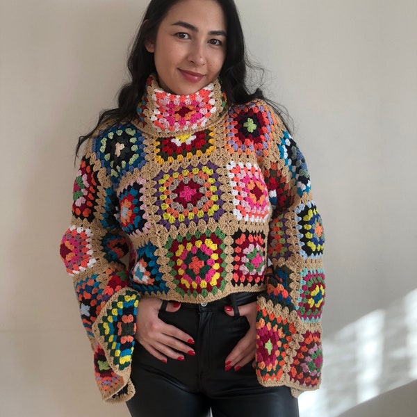 Crochet Turtleneck Sweater, Crochet Sweater Handmade, Granny Square Pullover, Granny Square Sweater, Patchwork Knit Sweater, Handmade Jumper