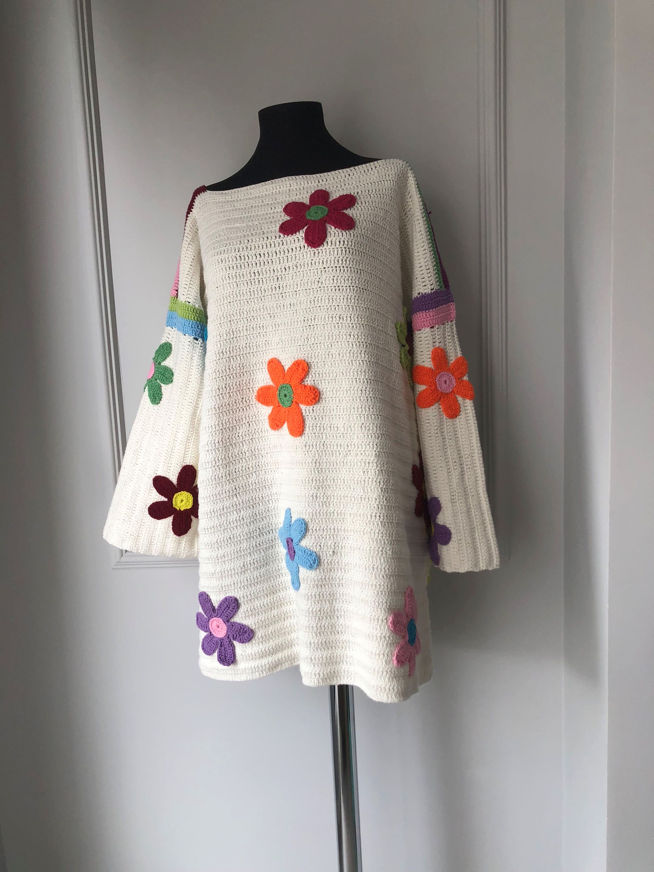 Knitted Rose Carmine Sweater, Crochet Rose Carmine Sweater Dress, Knit Daisy Sweater, Crochet Flowers Sweater, Handmade Sweater Dress