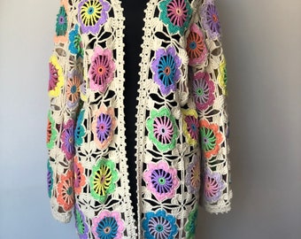 Granny Square Flowers Cardigan, Flowers Crochet Cardigan, Daisy Knitted Cardigan, Handmade Crochet Coat, Crochet Festival Jacket