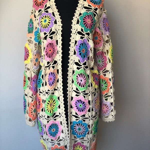 Granny Square Flowers Cardigan, Flowers Crochet Cardigan, Daisy Knitted Cardigan, Handmade Crochet Coat, Crochet Festival Jacket