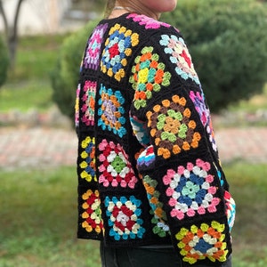 Crochet Black Cardigan, Black Granny Square Cardigan, Crochet Afghan Cardigan, Knitted Patchwork Coat, Handmade Granny Square Sweater, image 6