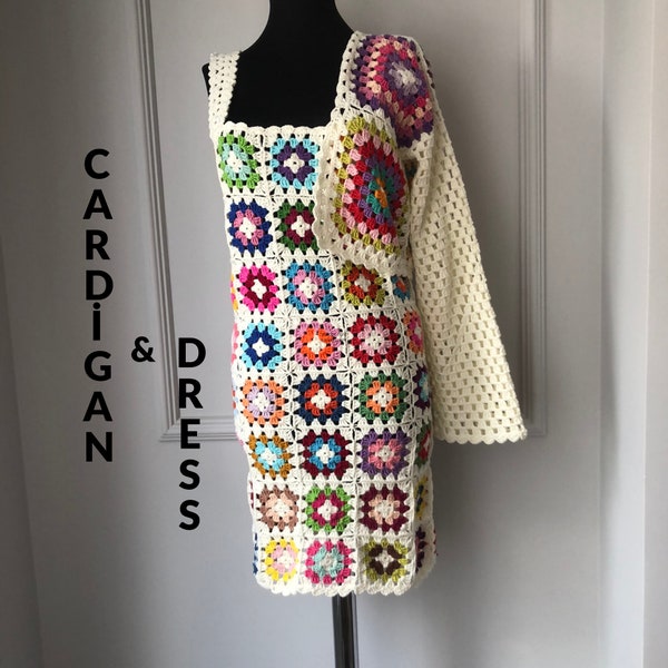 Crochet Mini Dress, Granny Square Colorful Dress, Handmade White Dress, Crochet Pencil Dress, Vintage Crochet Dress, Vestido Crochet