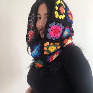 Crochet Black Balaclava, Granny Square Balaclava, Rainbow Crochet Balaclava, Crochet Balaclava Hat, Oversize Balaclava, Knitted Balaclava image 1