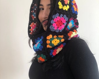 Crochet Black Balaclava,  Granny Square Balaclava, Rainbow Crochet Balaclava, Crochet Balaclava Hat, Oversize Balaclava, Knitted Balaclava