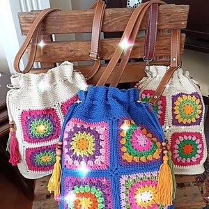 Granny Square Crochet  Afghan Shoulder Bag, Crochet Purse, Crochet Tote Bag, Knitted Women Bag, Christmas Gift, Adjustable Leather Wraps