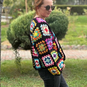 Crochet Black Cardigan, Black Granny Square Cardigan, Crochet Afghan Cardigan, Knitted Patchwork Coat, Handmade Granny Square Sweater, image 7