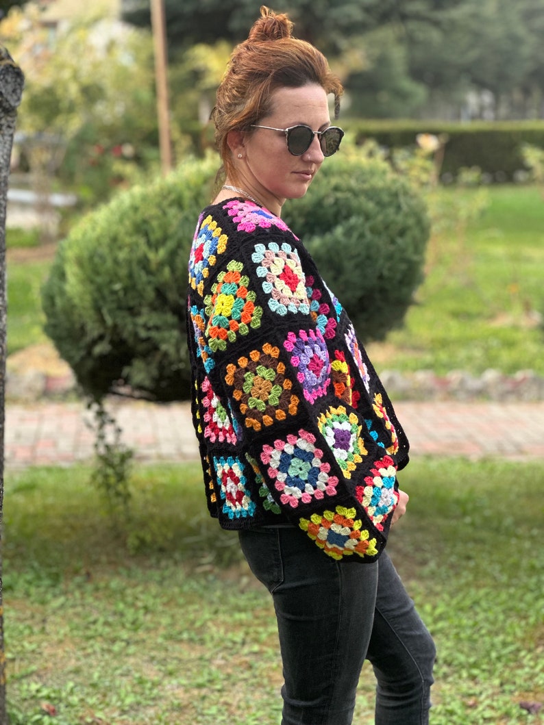 Crochet Black Cardigan, Black Granny Square Cardigan, Crochet Afghan Cardigan, Knitted Patchwork Coat, Handmade Granny Square Sweater, image 7