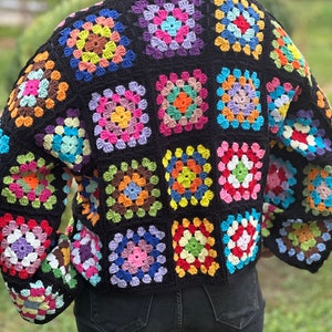 Crochet Black Cardigan, Black Granny Square Cardigan, Crochet Afghan Cardigan, Knitted Patchwork Coat, Handmade Granny Square Sweater, Black