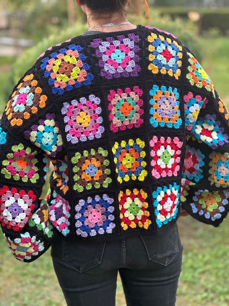 Crochet Black Cardigan, Black Granny Square Cardigan, Crochet Afghan Cardigan, Knitted Patchwork Coat, Handmade Granny Square Sweater, Black