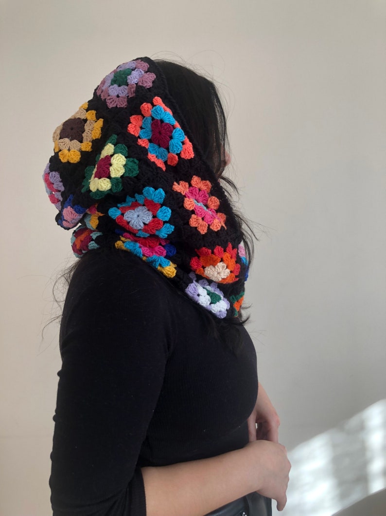 Crochet Black Balaclava, Granny Square Balaclava, Rainbow Crochet Balaclava, Crochet Balaclava Hat, Oversize Balaclava, Knitted Balaclava image 6