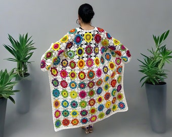 Granny Square Crochet Daisy Long Cardigan, Flowers Crochet Cardigan, Daisy Knitted Cardigan, Crochet Festival Long Jacket