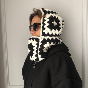 Unisex Handmade Granny Square Balaclava, Mochi Black Knit Balaclava, Unisex Handmade Snow Mask, Crochet Ski Face Mask, Chunky Balaclava