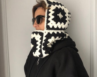 Cagoule carrée unisexe fait main grand-mère, cagoule en tricot noir mochi, masque de neige unisexe fait main, masque de ski au crochet, cagoule épaisse