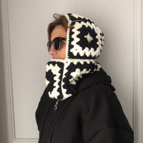 Unisex Handgefertigte Oma Quadrat Balaclava, Mochi Schwarz Strick Balaclava, Handgefertigte Unisex Schneemaske, Gehäkelte Ski-Gesichtsmaske, Chunky Balaclava