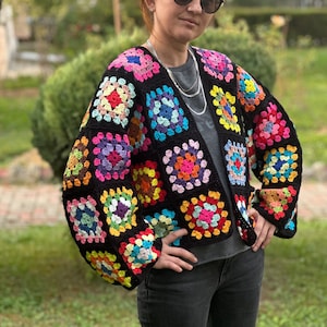 Crochet Black Cardigan, Black Granny Square Cardigan, Crochet Afghan Cardigan, Knitted Patchwork Coat, Handmade Granny Square Sweater,