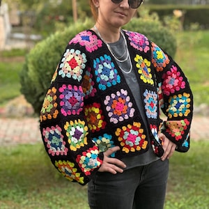 Crochet Black Cardigan, Black Granny Square Cardigan, Crochet Afghan Cardigan, Knitted Patchwork Coat, Handmade Granny Square Sweater, image 1