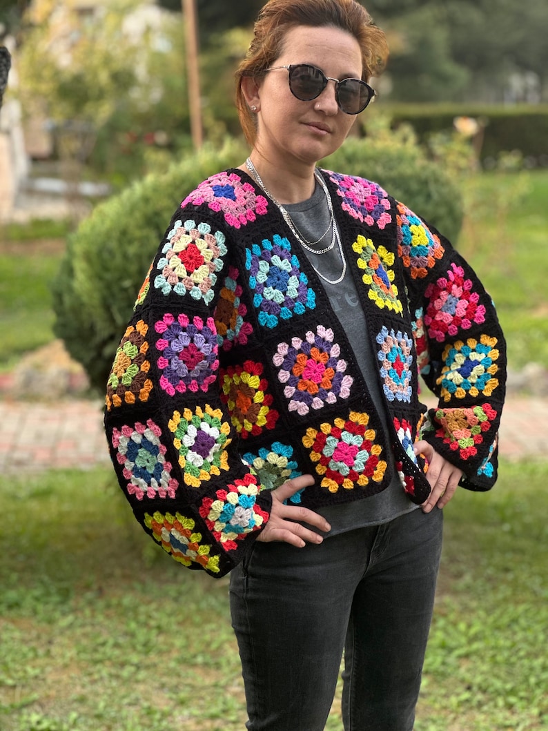 Crochet Black Cardigan, Black Granny Square Cardigan, Crochet Afghan Cardigan, Knitted Patchwork Coat, Handmade Granny Square Sweater, image 1