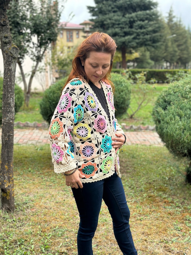 Granny Square Flowers Cardigan, Flowers Crochet Cardigan, Daisy Knitted Cardigan, Handmade Crochet Coat, Crochet Festival Jacket image 6