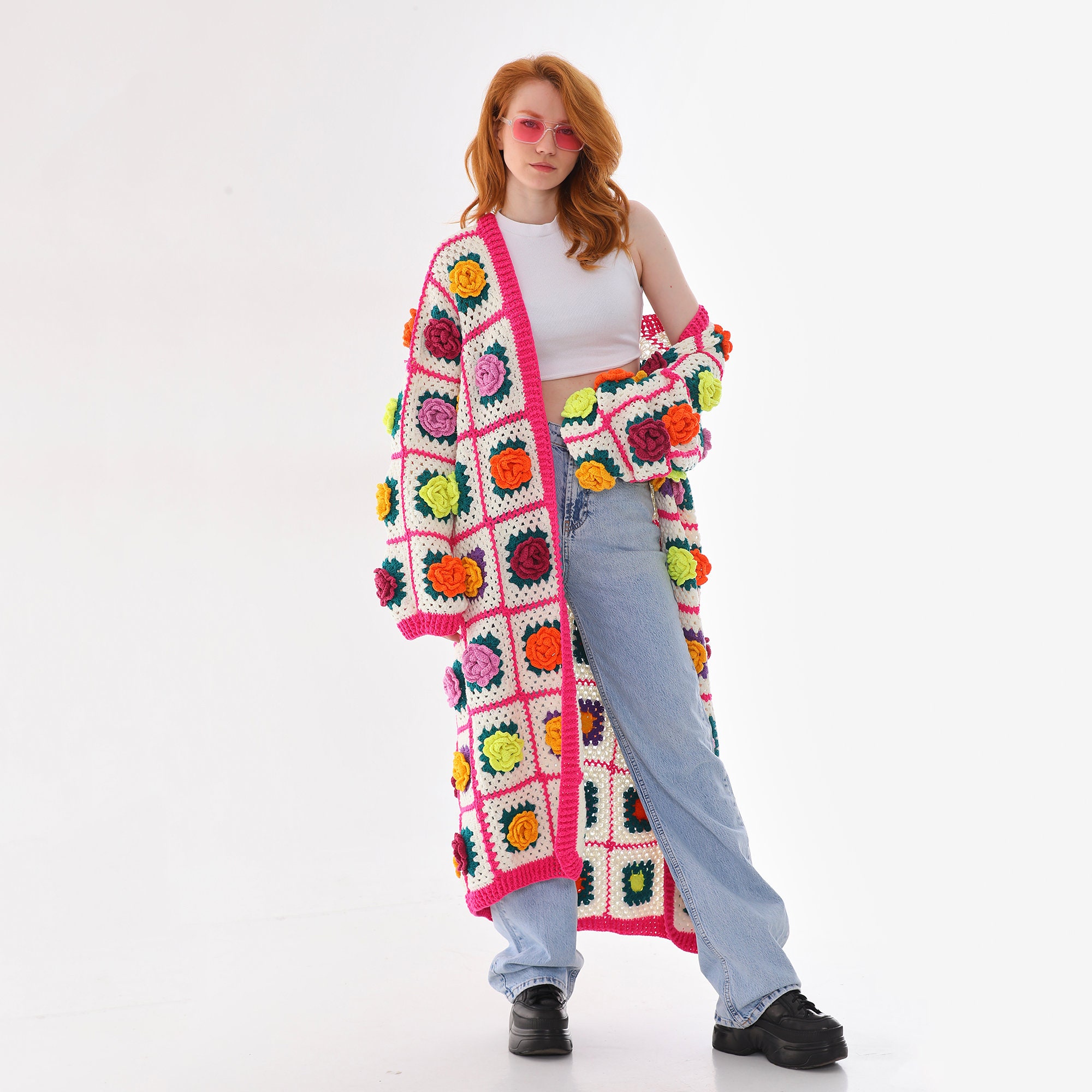 40 Long Cardigan Crochet Patterns for Stylish Layers in Every Season 24 Granny Square Jumbo Rose Cardigan