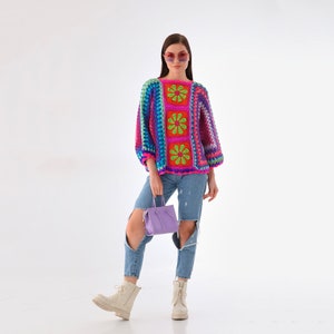 Oversize Crochet Rose Sweater, Granny Square Sweater, Crochet Rose Hexagon Sweater, Handmade Colorful Sweater, Granny Square Pullover image 4