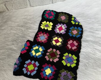 Crochet Black Balaclava,  Granny Square Balaclava, Rainbow Crochet Balaclava, Crochet Balaclava Hat, Oversize Balaclava, Knitted Balaclava
