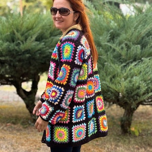 Granny Square Crochet Cardigan, Afghan Crochet Cardigan, Plus Size Knitted Cardigan, Handmade Crochet Cardigan, Vintage Crochet Cardigan image 8