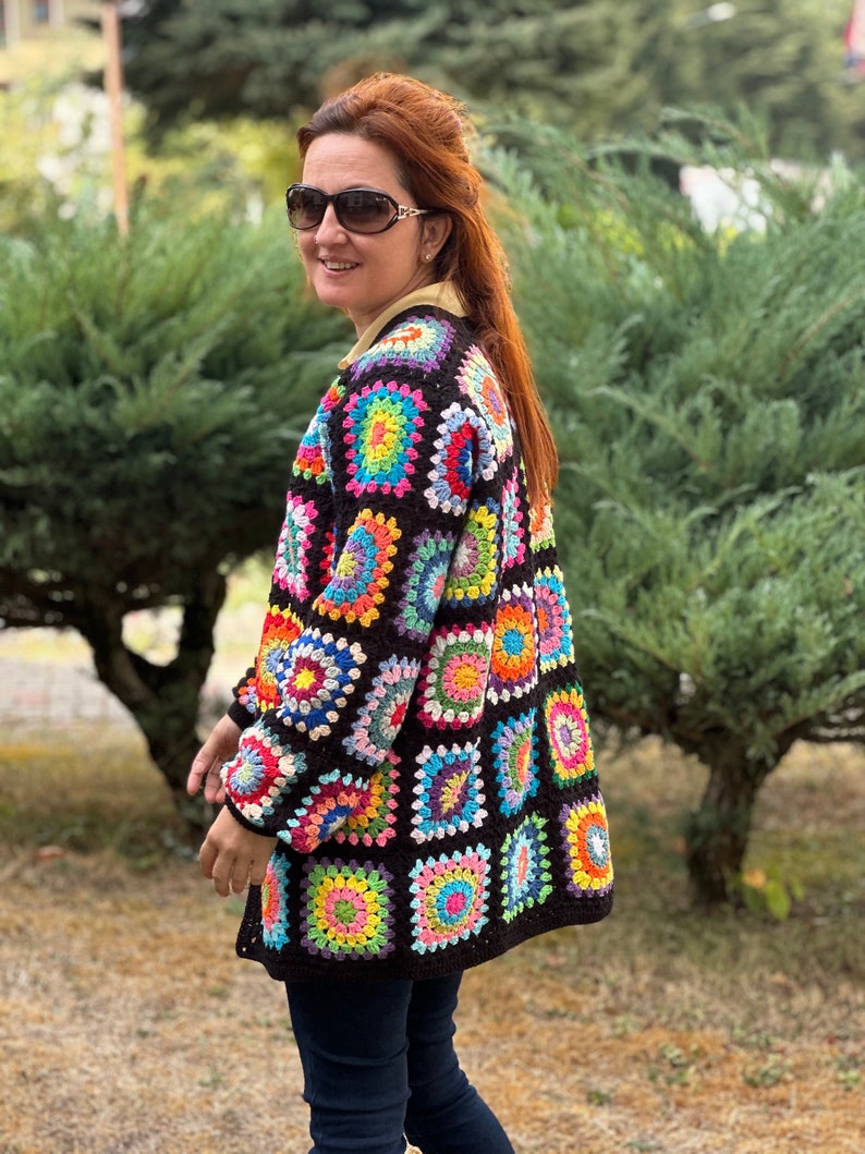 Granny Square Crochet Cardigan, Afghan Crochet Cardigan, Plus Size Knitted Cardigan, Handmade Crochet Cardigan, Vintage Crochet Cardigan image 8