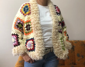 Beige Knitted Cardigan, Korean Style Cardigan, Vintage Sweater, Handmade Women White Cardigan, Afghan Crochet Cardigan, Crop Wool Cardigan