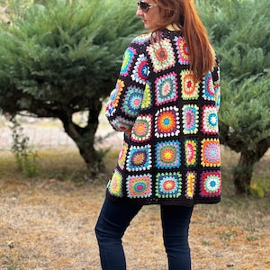 Granny Square Crochet Cardigan, Afghan Crochet Cardigan, Plus Size Knitted Cardigan, Handmade Crochet Cardigan, Vintage Crochet Cardigan image 3