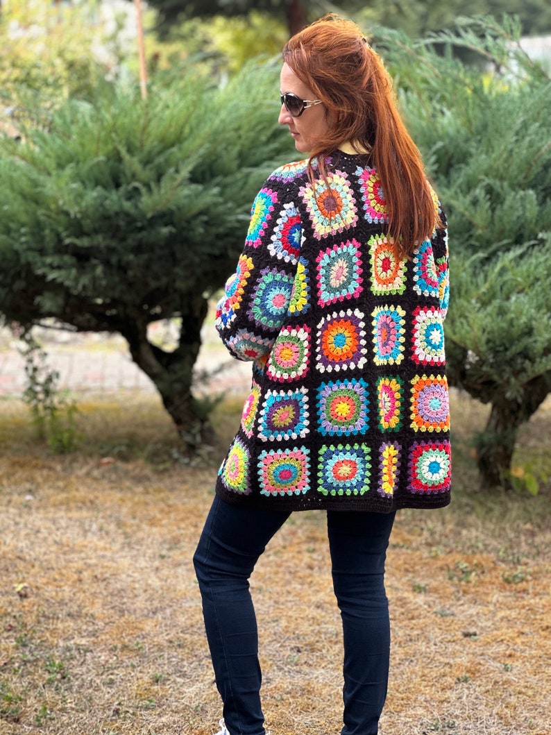 Granny Square Crochet Cardigan, Afghan Crochet Cardigan, Plus Size Knitted Cardigan, Handmade Crochet Cardigan, Vintage Crochet Cardigan image 3