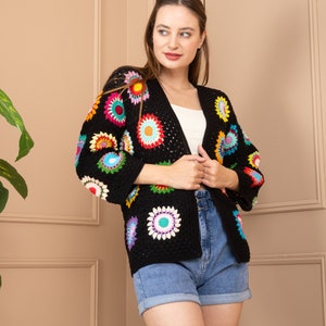 Black Crochet Cardigan, Granny Square Afghan Cardigan, Personalized Crochet Cardigan, Rainbow Crochet Cardigan, Vintage Handmade Cardigan Bright Colors