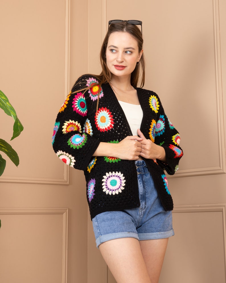 Black Crochet Cardigan, Granny Square Afghan Cardigan, Personalized Crochet Cardigan, Rainbow Crochet Cardigan, Vintage Handmade Cardigan Bright Colors