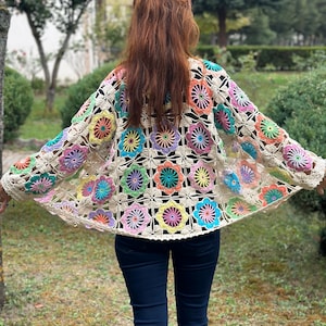 Granny Square Flowers Cardigan, Flowers Crochet Cardigan, Daisy Knitted Cardigan, Handmade Crochet Coat, Crochet Festival Jacket