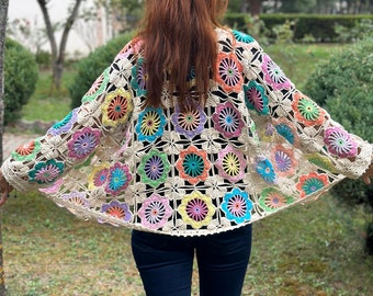 Granny Square Flowers Cardigan, Flowers Crochet Cardigan, Daisy Knitted Cardigan, Handmade Crochet Coat, Crochet Festival Jacket