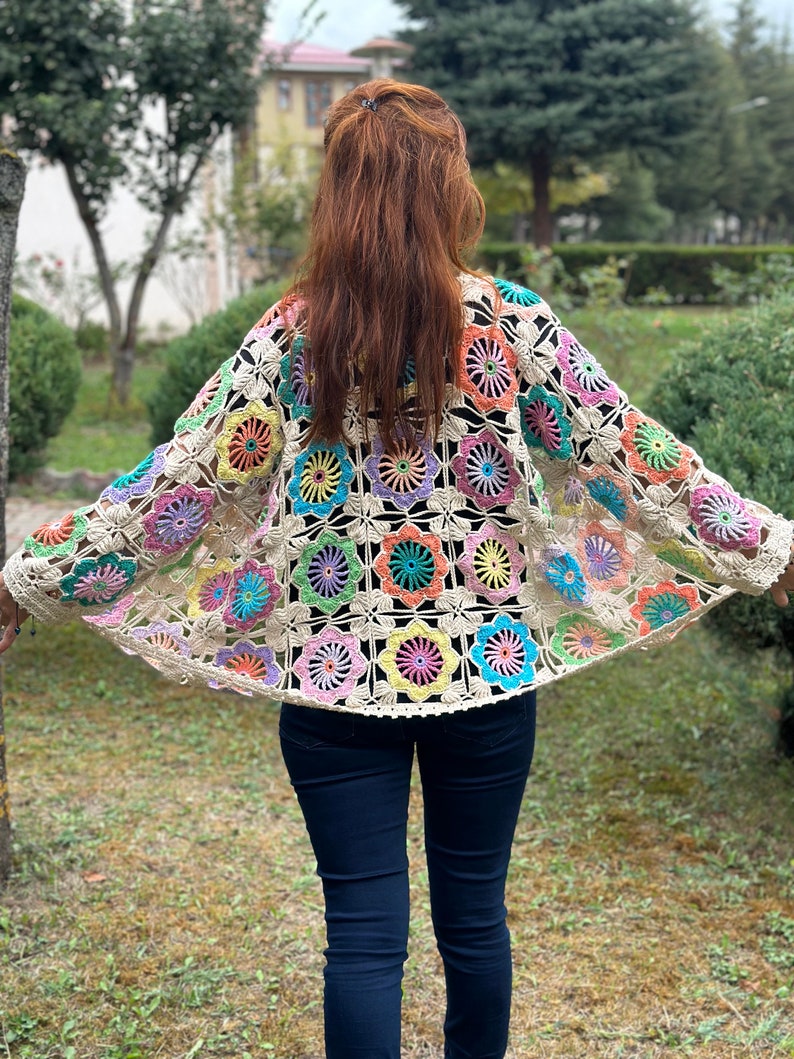 Granny Square Flowers Cardigan, Flowers Crochet Cardigan, Daisy Knitted Cardigan, Handmade Crochet Coat, Crochet Festival Jacket image 1